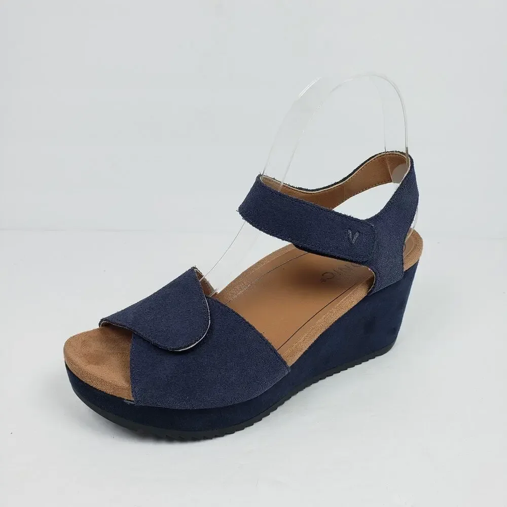 Vionic Astrid II Womens Size 7 Blue Suede Casual Platform Wedge Sandals